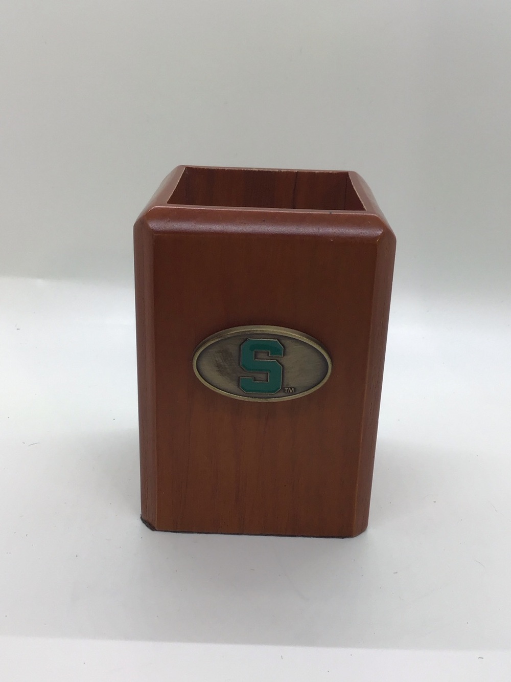 Source Unknown Brown Wooden Michigan State Pencil Cup